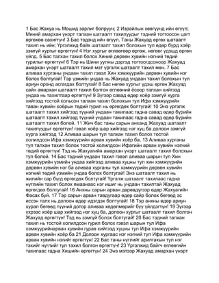 1 Бас Жахуа нь Мошид зарлиг болруун; 2 Израйлын хөвгүүнд ийн өгүүл;
Миний амархан үнэрт талхан шатаалт тахилуудыг тэдний тогтоосон цагт
өргөхөө сахигтун! 3 Бас тэдэнд ийн өгүүл. Таны Жахуад өргөх шатаалт
тахил нь ийн; Үргэлжид байх шатаалт тахил болохын тул өдөр бүрд хоёр
зэмгүй хургыг өргөгтүн! 4 Нэг хургыг өглөөгөөр өргөж, нөгөөг үдэшд өргөн
үйлд. 5 Бас талхан тахил болох Хиний дөрвөн хувийн нэгний төдий
гурилыг өргөгтүн! 6 Тэр нь Шини уулны дэргэд тогтоогдсоноор Жахуад
амархан үнэрт шатаалт тахил мэт үргэлж шатаалт тахил мөн. 7 Бас
аливаа хурганы ундаан тахил гэвэл Хин хэмжүүрийн дөрвөн хувийн нэг
болох болтугай! Тэр үзмийн ундаа нь Жахуад ундаан тахил болохын тул
ариун оронд асгагдах болтугай! 8 Бас нөгөө хургыг үдэш өргөн Жахуад
сайн амархан шатаалт тахил болгон өглөөний ёсоор талхан хийгээд
ундаа нь тахилтаар өргөгтүн! 9 Зүгээр савад өдөр хоёр зэмгүй хурга
хийгээд тостой хольсон талхан тахил болохын тул Ифа хэмжүүрийн
таван хувийн хоёрын төдий гурил нь өргөгдөх болтугай! 10 Энэ үргэлж
шатаалт тахил хийгээд түүний ундаан тахилаас гадна савад өдөр бүрийн
шатаалт тахил хийгээд түүний ундаан тахилаас гадна савад өдөр бүрийн
шатаалт тахил болой. 11 Жич бас таны сарын анханд Жахуад шатаалт
тахилуудыг өргөгтүн! гэвэл хоёр шар хийгээд нэг хуц ба долоон зэмгүй
хурга хийгээд 12 Аливаа шарын тул талхан тахил болох тостой
холилдсон Ифа хэмжүүрийн арван хувийн хоёр ба, 13 Аливаа хурганы
тул талхан тахил болох тостой холилдсон Ифагийн арван хувийн нэгний
төдий өргөгтүн! Тэд нь Жахуагийн амархан үнэрт шатаалт тахил болохын
тул болой. 14 Бас тэдний ундаан тахил гэвэл аливаа шарын тул Хин
хэмжүүрийн үзмийн ундаа хийгээд аливаа хуцны тул хин хэмжүүрийн
дөрвөн хувийн нэг ба аливаа хурганы тул хэмжүүрийн дөрвөн хувийн
нэгний төдий үзмийн ундаа болох болтугай! Энэ шатаалт тахил нь
жилийн сар бүгд өргөгдөх болтугай! Үргэлж шатаалт тахилаас гадна
нүглийн тахил болох ямаанаас нэг ишиг нь ундаан тахилтай Жахуад
өргөгдөх болтугай! 16 Анхны сарын арван дөрөвдүгээр өдөр Жахуагийн
Фасах буй. 17 Тэр сарын арван тавдугаар өдөр сайр болох бөгөөд эс
иссэн талх нь долоон өдөр идэгдэх болтугай! 18 Тэр анхны өдөр ариун
хурал бөгөөд түүний дотор аливаа хөдөлмөрийг бүү үйлдэгтүн! 19 Зүгээр
үхрээс хоёр шар хийгээд нэг хуц ба, долоон хургыг шатаалт тахил болгон
Жахуад өргөгтүн! Тэд нь зэмгүй болох болтугай! 20 Бас тэдний талхан
тахил нь тостой холилдсон гурил болох гэвэл шарын тул Ифа
хэмжүүрийнарван хувийн гурав хийгээд хуцны тул Ифа хэмжүүрийн
арван хувийн хоёр ба 21 Долоон хургаас нэг нэгний тул Ифа хэмжүүрийн
арван хувийн нэгийг өргөгтүн! 22 Бас таны нүглийг арилгахын тул нэг
тэхийг нүглийг тул тахил болгон өргөгтүн! 23 Үргэлжид байгч өглөөгийн
тахилаас гадна Хишийн өргөгтүн! 24 Энэ мэтээр Жахуад амархан үнэрт
 