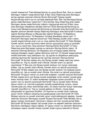 тохойг хэмжигтүн! Тийн бөгөөд балгас нь дунд болох буй. Энэ нь тэдний
балгадыг тойрогч газар болох буй. 6 Бас таны Ливитэнд өгөх балгадын
дотор зургаан халхлагч балгас болох болтугай! Тэдэнд хүнийг
мэдэлгүйгээр алагч хүн нь зугтааж аврагдах буй. Бас тэд балгадад бусад
дөчин хоёр балгасыг нэмэгтүн! 7 Энэ мэтээр таны Ливитэнд өгөх хамаг
балгадыг дөчин найм болгоод тойрогч газруудтай өгөгтүн! 8 Бас таны
өгөх балгадыг Израйлын өмчөөс өгөгтүн! Олон балгадтай бологсод нь
олныг өгөх бөгөөд өчүүхэнтэй бологсод нь бүхнийг өгөх болтугай! Аль хэн
өөрийн эзэлсэн өмчийн ёсоор Ливитэнд балгадыг өгөх болтугай! 9 хэмээн
зарлиг болоод Жахуа нь Мошид бас зарлиг болруун; 10 Израйлын
хөвгүүдэд ийн өгүүл; Та Иорданыг гатлаад Ханаванд орсон цагт 11
Халхлагч балгадыг өөртөө сонсогтун! Тийн бөгөөд хүнийг алагч гэвэл,
хүнийг мэдэлгүйгээр алагч хүн нь тэнд зайлах болтугай! 12 Тийн бөгөөд
хүнийг халагч хүний чуулганы өмнө зогсон шүүгдэхээс урьд үл үхэхийн
тул, тэд нь нэхэгчээс танд халхлагч балгад болох болтугай! 13 Таны
Ливитэнд өгөх балгадаас зургаа нь халхлагч балгад болох гэвэл, 14
халхлагч балгад болохын тул Иорданы энэ этгээдэд гурван балгас
хийгээд Ханаван газарт гурван балгасыг өгөгтүн! 15 Хүнийг мэдэлгүйгээр
нялба алагчийн тэнд зайлахын тул, эд зургаа нь Израйлын хөвгүүдэд
хийгээд оролтод ба тэдний дотор суугчид халхлагч балгад болох
болтугай! 16 Зүгээр хэрвээ аль хэн бусад хүнийг төмөр зэвсгээр цохин
үхүүлбэл эл. Тэр нь хүнийг алагч болов. Хүнийг алагч нь эрхгүй
үхүүлэгдэх 17 Бас аль хэн бусад хүнийг алахын тул чулууг хаяснаар
албал, тэр нь хүнийг алагч болов. Хүнийг алагч нь эрхгүй үхүүлэгдэх
болтугай! 18 Бас хэрвээ аль хэн бусад хүнийг алахын тул модоор цохин
үхүүлбэл эл, тэр нь хүнийг алагч болов. Хүн алагч нь эрхгүй үхүүлэгдэх
болтугай! 19 Цусыг нэхэгч нь алагчтай учирвал, түүнийг үхүүлэх болтугай!
20 Бас хэрвээ алть хэн бусад хүнийг өшөөгөөр түлэх нэсвэл түүний дээр
юмыг мэхээр хаян, 21 эсвэл өшөөгөөр гараараа цохин үхүүлбэл эл. Тэр
цохигч хүн нь эрхгүй үхүүлэгдэх болтугай! Тэр нь хүнийг алагч болов.
Цусыг нэхэгч нь түүнтэй учрахдаа түүнийг өшөөгүйгээр түлхэн, эсвэл
түүний дээр аль юмыг мэхгүйгээр хаян, 23 эсвэл үзэлгүй чулууг хаяснаар
түүнийг үхүүлбэл эл. Тэр нь түүний дайсан эс болон, түүнд хорыг
үйлдэхүйеэ эс дурласан болбол, 24 Чуулган нь хүнийг алагч хийгээд
цусыг нэхэгч хоёрын хооронд эд шүүврүүдээр шүүх болтугай! 25 Тийн
бөгөөд чуулган нь хүнийг алагчийг цусыг нэхэгчийнэрхээс авраад, түүний
зайлсан халхлагч балгадад түүнийг буцаах болтугай! Тийн бөгөөд тэр нь
ариун тосоор тослогдсон тэргүүлэгч ламын нөгчтөл түүний дотор байх
болтугай! 26 Зүгээр хэрвээ тэр хүнийг алагч нь өөрийн зайлсан халхлагч
балгасны хязгаарын гадна гарвал, 27 Цусыг нэхэгч нь халхлагч балгасны
хязгаарын гадна түүнийг олоод түүнийг алавч цусны жамтай үл болох
 