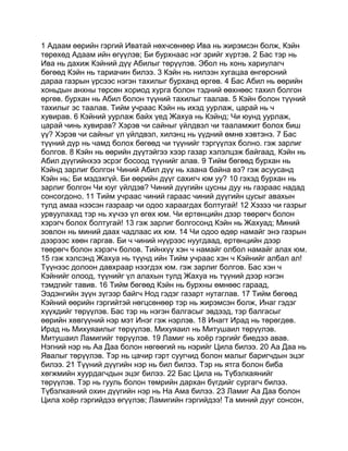 1 Адаам өөрийн гэргий Иватай нөхчсөнөөр Ива нь жирэмсэн болж, Кэйн
төрөхөд Адаам ийн өгүүлэв; Би бурхнаас нэг эрийг хүртэв. 2 Бас тэр нь
Ива нь дахиж Кэйний дүү Абилыг төрүүлэв. Эбол нь хонь хариулагч
бөгөөд Кэйн нь тариачин билээ. 3 Кэйн нь нилээн хугацаа өнгөрсний
дараа газрын үрсээс нэгэн тахилыг бурханд өргөв. 4 Бас Абил нь өөрийн
хоньдын анхны төрсөн хориод хурга болон тэдний өөхнөөс тахил болгон
өргөв. бурхан нь Абил болон түүний тахилыг таалав. 5 Кэйн болон түүний
тахилыг эс таалав. Тийм учраас Кэйн нь ихэд уурлаж, царай нь ч
хувирав. 6 Кэйний уурлаж байх үед Жахуа нь Кэйнд; Чи юунд уурлаж,
царай чинь хувирав? Хэрэв чи сайныг үйлдвэл чи тааламжит болох биш
үү? Хэрэв чи сайныг үл үйлдвэл, хилэнц нь үүдний өмнө хэвтэнэ. 7 Бас
түүний дүр нь чамд болох бөгөөд чи түүнийг тэргүүлэх болно. гэж зарлиг
болгов. 8 Кэйн нь өөрийн дүүтэйгээ хээр газар хэлэлцэж байгаад, Кэйн нь
Абил дүүгийнхээ эсрэг босоод түүнийг алав. 9 Тийм бөгөөд бурхан нь
Кэйнд зарлиг болгон Чиний Абил дүү нь хаана байна вэ? гэж асуусанд
Кэйн нь; Би мэдэхгүй. Би өөрийн дүүг сахигч юм уу? 10 гэхэд бурхан нь
зарлиг болгон Чи юуг үйлдэв? Чиний дүүгийн цусны дуу нь газраас надад
сонсогдоно. 11 Тийм учраас чиний гараас чиний дүүгийн цусыг авахын
тулд амаа нээсэн газраар чи одоо хараагдах болтугай! 12 Хэзээ чи газрыг
урвуулахад тэр нь хүчээ үл өгөх юм. Чи ертөнцийн дээр төөрөгч болон
хэрэгч болох болтугай! 13 гэж зарлиг болгосонд Кэйн нь Жахуад; Миний
зовлон нь миний даах чадлаас их юм. 14 Чи одоо өдөр намайг энэ газрын
дээрээс хөөн гаргав. Би ч чиний нүүрээс нуугдаад, ертөнцийн дээр
төөрөгч болон хэрэгч болов. Тийнхүү хэн ч намайг олбол намайг алах юм.
15 гэж хэлсэнд Жахуа нь түүнд ийн Тийм учраас хэн ч Кэйнийг албал ал!
Түүнээс долоон давхраар нээгдэх юм. гэж зарлиг болгов. Бас хэн ч
Кэйнийг олоод, түүнийг үл алахын тулд Жахуа нь түүний дээр нэгэн
тэмдгийг тавив. 16 Тийм бөгөөд Кэйн нь бурхны өмнөөс гараад,
Ээдэнгийн зүүн зүгээр байгч Нод гэдэг газарт нутаглав. 17 Тийм бөгөөд
Кэйний өөрийн гэргийтэй нөгцсөнөөр тэр нь жирэмсэн болж, Инаг гэдэг
хүүхдийг төрүүлэв. Бас тэр нь нэгэн балгасыг эвдээд, тэр балгасыг
өөрийн хөвгүүний нэр мэт Инэг гэж нэрлэв. 18 Инагт Ирад нь төрөгдөв.
Ирад нь Михуяаилыг төрүүлэв. Михуяаил нь Митушаил төрүүлэв.
Митушаил Ламигийг төрүүлэв. 19 Ламиг нь хоёр гэргийг биедээ авав.
Нэгний нэр нь Аа Даа болон нөгөөгий нь нэрийг Цила билээ. 20 Аа Даа нь
Явалыг төрүүлэв. Тэр нь цачир гэрт суугчид болон малыг баригчдын эцэг
билээ. 21 Түүний дүүгийн нэр нь бил билээ. Тэр нь ятга болон биба
хөгжмийн хуурдагчдын эцэг билээ. 22 Бас Цила нь Түбэлкаянийг
төрүүлэв. Тэр нь гууль болон төмрийн дархан бүгдийг сургагч билээ.
Түбэлкаяний охин дүүгийн нэр нь На Ама билээ. 23 Ламиг Аа Даа болон
Цила хоёр гэргийдээ өгүүлэв; Ламигийн гэргийдээ! Та миний дууг сонсон,
 