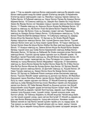 ирэв. 7 Тэр нь өөрийн хөвгүүд болон хөвгүүдийн хөвгүүд ба өөрийн охид
болон хөвгүүдийн охид ба хамаг үрсийг Египетэд авчрав. 8 Израйлийн
Египетэд ирсэн хөвгүүдийн нэрс нь; Яахобын түрүүнд төрсөн хөвгүүн нь
Рүбин билээ. 9 Рүбиний хөвгүүд нь; Хануг болон Палму ба Хижрүн болон
Кармия билээ. 10 Симоны хөвгүүд нь; Замуйл бол Замин ба Ухад болон
Закин ба Жухар болон нэг Ханаван газрын гэргийн хөвгүүн болсон Шавул
билээ. 11 Ливийн хөвгүүд нь; Киршүн болон Күхад ба Мирари билээ. 12
Иудей нь хөвгүүд нь; Ир болон Унан ба Шила болон Париж ба Жара
билээ. Зүгээр, Ир болон Унан нь Ханаван газарт нөгчив. Парижийн
хөвгүүд нь Хижрун болон Хамул билээ. 13 Иссахарын хөвгүүд нь; Ту Ла
болон Пүва ба Иуб ба Шимрун билээ. 14 Сабулуны хөвгүүд нь; Шарад
болон Илун ба Захалил билээ. 15 Эдгээр нь Ли Эгийн Яахоб Падан
Арамд төрүүлсэн хөвгүүд билээ. Бас түүний Динна охин билээ. Түүний
хөвгүүн болон охин үрс нь бүгд хорин гурав билээ. 16 Гадын хөвгүүд нь;
Зупиуг болон Хаки ба Шүни болон Ижбун ба Ири хийгээд Аруди ба Арили
билээ. 17 Асирын хөвгүүд нь; Зимна болон Ишуа ба Ишүй болон Бирия
бөгөөд тэдний охин дүү Сийр болон Бирияагийн хөвгүүд Хибар болон
Малкиял билээ. 18 Эдгээр нь Лабаний Ли Эгийн охиндоо өгсөн Зилпагийн
хөвгүүд билээ. Түүнээс эдгээр арван зургаан хүн нь Яахобт үржив. 19
Яахобын гэргий Рахилийн хөвгүүд нь; Иосиб болон Бинзамин билээ. 20
Иосиб Египет газарт төрөгдөгсөд нь; Оны Путивура гэгч ламын охин
Аминад нь түүнд Манасиш болон Ивураймыг төрүүлэв. 21 Бинзамины
хөвгүүд нь; Билэ болон Бикир ба Ашбил болон Кира ба Нэ Э Ман болон
Ихи ба Рус болон Мүпим ба Хүпим болон Ард билээ. 22 Эдгээр Яахобт
Рахилээс үржсэн хөвгүүд билээ. 23 Дэнгийн хөвгүүд нь; Хүшим билээ. 24
Наво Талийн хөвгүүд нь; Зажил болон Күни ба Зижар болон Шилим
билээ. 25 Эдгээр нь Лабаний Рахил охиндоо өгсөн Билхагийн хөвгүүд
билээ. Түүнээс Яахобт хамаг үржигсэд нь долоон хүн билээ. 26 Яахобын
бэрүүдээс гадна Яахобын биеэс гарсан болон Яахобтай Египетэд очсон
бүгд нь гэвэл, жаран зургаан хүн билээ. 27 Иосиб Египетэд төрөгдсөн
хөвгүүд нь хоёр бөгөөд Египетэд очсон Яахобын гэрийн улс бүгдээрээ
далан хүн билээ. 28 Тийм бөгөөд Яахоб нь Күшинд уулзъя гэж Иосиб
мэдүүлэхийн тулд Иудейг урдаа илгээгээд Кушин газарт ирэв. 29 Тийм
бөгөөд Иосиб нь өөрийн тэргийг бэлтгүүлээд, өөрийн эцэг Израйльд
очихын тулд Кушинд очиж, түүнийг үзээд, түүний хүзүүнд унаж, өнө
болтол уйлав. 30 Тийнхүү Израйль нь Иосиб өгүүлэв; Чиний амьд байх
тул би чиний нүүрийг үзээд, одоо нөгчих болтугай! 31 Иосиб нь өөрийн ах
дүү нар болон Ворауд мэдүүлж, түүнд ийн өгүүлнэ. Ханаван газарт
байсан миний ах нар болон миний эцгийн гэрийн улс нь надад ирэв. 32
Тэр хүмүүс нь малчид буй. Тэдний үйлдэх үйл нь гэвэл, малыг тэжээх
буй. Бас тэд нь өөрийн хоньд болон үхрүүд ба хамаг зүгээрийг авчрав. 33
 