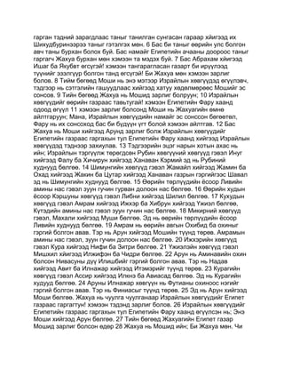 гарган тэдний зарагдлаас таныг танилган сунгасан гараар хйигээд их
Шихудбуринээрээ таныг гэтэлгэх мөн. 6 Бас би таныг өөрийн улс болгон
авч таны бурхан болох буй. Бас намайг Египетийн ачааны доороос таныг
гаргагч Жахуа бурхан мөн хэмээн та мэдэх буй. 7 Бас Абрахам хйигээд
Ишаг ба Якубвт өгсүгэй! хэмээн тангарагласан газарт би ирүүлээд
түүнийг эзэлгүүр болгон танд өгсүгэй! Би Жахуа мөн хэмээн зарлиг
болов. 8 Тийм бөгөөд Моши нь энэ мэтээр Израйлын хөвгүүдэд өгүүлэвч,
тэдгээр нь сэтгэлийн гашуудлаас хийгээд хатуу хөдөлмөрөөс Мошийг эс
сонсов. 9 Тийн бөгөөд Жахуа нь Мошид зарлиг болруун; 10 Израйлын
хөвгүүдийг өөрийн газраас тавьтугай! хэмээн Египетийн Фару хаанд
одоод өгүүл 11 хэмээн зарлиг болсонд Моши нь Жахуагийн өмнө
айлтгаруун; Мана, Израйлын хөвгүүдийн намайг эс сонссон бөгөөтөл,
Фару нь их сонсоход бас би бүдүүн үгт болой хэмээн айлтгав. 12 Бас
Жахуа нь Моши хийгээд Арунд зарлиг болж Израйлын хөвгүүдийг
Египетийн газраас гаргахын тул Египетийн Фару хаанд хийгээд Израйлын
хөвгүүдэд тэднээр захиулав. 13 Тэдгээрийн эцэг нарын хотын ахас нь
ийн; Израйлын тэргүүлж төрөгдсөн Рубин хөвгүүний хөвгүүд гэвэл Инуг
хийгээд Фалу ба Хичирун хийгээд Ханаван Кэрмий эд нь Рубиний
худнууд бөлгөө. 14 Шимунгийн хөвгүүд гэвэл Жамайл хийгээд Жамин ба
Охад хийгээд Жакин ба Цутар хийгээд Ханаван газрын гэргийгээс Шавал
эд нь Шимунгийн худнууд бөлгөө. 15 Өөрийн төрлүүдийн ёсоор Ливийн
амины нас гэвэл зуун гучин гурван долоон нас бөлгөө. 16 Өөрийн худын
ёсоор Кэршуны хөвгүүд гэвэл Либни хийгээд Шилил бөлгөө. 17 Кухудын
хөвгүүд гэвэл Амрам хийгээд Ижхэр ба Хибрун хийгээд Үжиэл бөлгөө,
Күтэдийн амины нас гэвэл зуун гучин нас бөлгөө. 18 Микирний хөвгүүд
гэвэл, Махали хийгээд Муши бөлгөө. Эд нь өөрийн төрлүүдийн ёсоор
Ливийн худнууд бөлгөө. 19 Амрам нь өөрийн авгын Охибид ба охиныг
гэргий болгон авав. Тэр нь Арун хийгээд Мошийн түүнд төрөв. Амрамын
амины нас гэвэл, зуун гучин долоон нас бөлгөө. 20 Ижхэрийн хөвгүүд
гэвэл Кура хийгээд Нифи ба Зитри бөлгөө. 21 Үжиэлэйн хөвгүүд гэвэл
Мишхил хйигээд Илжифэн ба Чидри бөлгөө. 22 Арун нь Аминавийн охин
болсон Нивасуны дүү Илишбийг гэргий болгон авав. Тэр нь Надав
хийгээд Авит ба Илнажар хийгээд Итэмэрийг түүнд төрөв. 23 Курагийн
хөвгүүд гэвэл Ассир хийгээд Илкнэ ба Авиасад бөлгөө. Эд нь Курагийн
худууд бөлгөө. 24 Аруны Илнажар хөвгүүн нь Футианы охиноос нэгийг
гэргий болгон авав. Тэр нь Финиасыг түүнд төрөв. 25 Эд нь Арун хийгээд
Моши бөлгөө. Жахуа нь чуулга чуулганаар Израйлын хөвгүүдийг Египет
газраас гаргагтун! хэмээн тэдэнд зарлиг болов. 26 Израйлын хөвгүүдийг
Египетийн газраас гаргахын тул Египетийн Фару хаанд өгүүлсэн нь; Энэ
Моши хийгээд Арун бөлгөө. 27 Тийн бөгөөд Жахуагийн Египет газар
Мошид зарлиг болсон өдөр 28 Жахуа нь Мошид ийн; Би Жахуа мөн. Чи
 