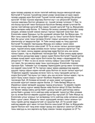идэн галаар шараад эс эссэн талхтай хийгээд гашуун өвснүүдтэй идэх
болтугай! 9 Түүнээс түүхийгээр эсвэл усаар чанаснаар үл идэн харин
галаар шараад идэх болтугай! Түүний толгой хийгээд хөлүүд ба дотрыг
идтүгэй! 10 Бас түүнээс маргааш болтол юуг ч эс үйлдтүгэй! Хэрвээ
түүнээс маргааш болтол үйлдвээс эл, түүний галаар түлэгдэх 11 Бас та
энэ ёсоор идтүгэй! гэвэл бэлхүүсээ бүсэлсэн бөгөөд хөлөө гуталтай ба
гартаа таягтайгаар идтүгэй! Бас яаран түүнийг идтүгэй! Тэр нь Жахуагийн
басах өнгөрөх найр болов. 12 Тийнхүү би энэхүү шөнөөр Египетийн газар
алсдаж, аливаа хүнийг эсвээс малын тэргүүн төрснийг алах буй. Бас
Египетийн хамаг бурхдын тус би шүүврийг үйлдэх буй. Би Жахуа мөн. 13
Жич таны хаана бүх гэрийн дээр байгч цус нь таныг тултал бэлэг болох
буй. Би цусыг үзэж таныг өнгөрөн Египет газрыг цохихдоо таныг тэр
зовлонгоор үл эвдрүүлэх буй. 14 Тийн энэхүү өдөр нь танд дурсгалт
болтугай! Та өөрийн төрлүүдээр Жахуад энэ найрыг сахин мөнх
тогтоолоор найр болгон сахьтугай! 15 Та эс иссэн талхыг долоон өдөр
идэн, тэдний анхны өдөр аливаа иссэн талхыг гэрээсээ гаргагтун! Тэр
юуны тул гэвэл, анхны өдрөөс долдугаар өдөр болтол аль хэн иссэн
талхыг идвэл, тэр нь Израйлаас таслагдах буй. 16 Бас анхны өдөр ариун
хурал болон долдугаар өдөр ч ариун хурал болох болтугай! Тэдний дотор
аливаа хүний ямагт идэх идээг бэлтгэхээс бус ямар ч хөдөлмөрийг бүү
үйлдэгтүн! 17 Жич та энэ эс иссэн талхны найрыг сахьтугай! Тэр юуны
тул гэвэл, би энэ мөнхүү өдөр таны чуулгануудыг Египетийн газраас
гаргасан буй. Тиймийн тул та өөрөөр төрөлүүдийн дотор мөнх тогтоолоор
энэ өдрийг сахьтугай! 18 Та тэргүүн сарыг арван дөрөвдүгээр өдрийн
үдшээс тэрхүү сарын хорин нэгний үдэш болтол эс эссэн талхыг идэгтүн!
19 Долоон өдрийн туршаар исгэсэн талх нь таны гэрүүдийн дотор үл
олдох болтугай! Тэр юуны тул гэвэл, аль хэн исгэсэн талхыг идвэл, тэр нь
оролт буюу эсвэл газрын түрлэгт болбоос Израйлын чуулганаас
таслагдах буй. 20 Аливаа исгэснийг үл идэн хамаг нутгууддаа эс
исгэснийг идэгтүн! хэмээн зарлиг болов. 21 Тийн бөгөөд Моши нь
Израйлын хамаг өвгөдийг дуудаад тэдэнд өгүүлрүүн; Та өөрийн гэрийн
ёсоор нэг залуу хургыг аваад Фасах найр болгон айлд! 22 Бас Хигобын
нэг бананг аваад савны дотор байгч цусанд түүнийг дэвтээгээд савны
дотор байгч цусаар тотго хийгээд хоёр хатавчийг түрхэгтүн! Жич аливаа
хүн нь өглөө болтол өөрийн үүдний гадна бүү гартугай! 23 Тийн Жахуа нь
Египетийн улсыг алахын тул өнгөрөхөд тотго хийгээд хоёр хатавчин дээр
байгч цусыг үзвэл; Жахуа нь таныг үүднүүдийг өнгөрч таныг алахын тул
таны гэрийн дотор эвдрүүлэгчийг үл оруулах буй. 24 Та үүнийг өөрт
хийгээд өөрийн үрст мөнх тогтоол болгон сахьтугай! 25 Бас та Жахуагийн
зарлиг болсон мэт танд өгөх газарт ирээд энэ зарлагыг сахигтун! 26 Жич
таны хөвгүүд нь энэ зарлага юу буюу хэмээн танаас асууваас эл 27 Та
 