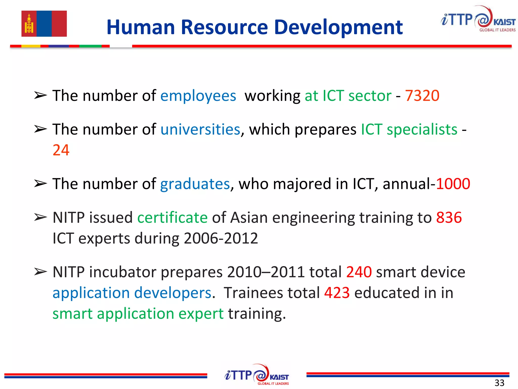 Human Resource Development
33
➢ The number of employees working at ICT sector - 7320
➢ The number of universities, which prepares ICT specialists -
24
➢ The number of graduates, who majored in ICT, annual-1000
➢ NITP issued certificate of Asian engineering training to 836
ICT experts during 2006-2012
➢ NITP incubator prepares 2010–2011 total 240 smart device
application developers. Trainees total 423 educated in in
smart application expert training.
 