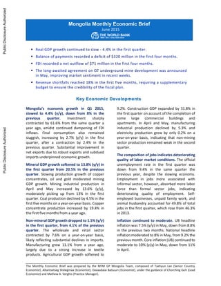 The Monthly Economic Brief was prepared by the MFM GP Mongolia Team, composed of Taehyun Lee (Senior Country
Economist), A...