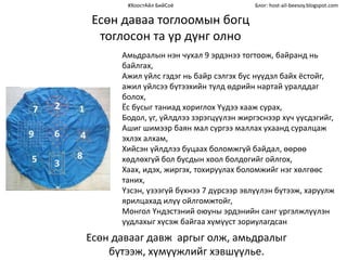 #ХоостАйл БийСоё Блог: host-ail-beesoy.blogspot.com
Есөн даваа тоглоомын богц
тоглосон та үр дүнг олно
Есөн давааг давж аргыг олж, амьдралыг
бүтээж, хүмүүжлийг хэвшүүлье.
Амьдралын нэн чухал 9 эрдэнээ тогтоож, байранд нь
байлгах,
Ажил үйлс гэдэг нь байр сэлгэх бус нүүдэл байх ёстойг,
ажил үйлсээ бүтээхийн тулд өдрийн нартай уралддаг
болох,
Ёс бусыг таниад хориглох Үүдээ хааж сурах,
Бодол, үг, үйлдлээ зэрэгцүүлэн жиргэснээр хүч үүсдэгийг,
Ашиг шимээр баян мал сүргээ маллах ухаанд суралцаж
эхлэх алхам,
Хийсэн үйлдлээ буцаах боломжгүй байдал, өөрөө
хөдлөхгүй бол бусдын хоол болдогийг ойлгох,
Хаах, идэх, жиргэх, тохируулах боломжийг нэг хөлгөөс
таних,
Үзсэн, үзээгүй бүхнээ 7 дүрсээр эвлүүлэн бүтээж, харуулж
ярилцахад илүү ойлгомжтойг,
Монгол Үндэстэний оюуны эрдэнийн санг үргэлжлүүлэн
уудлахыг хүсэж байгаа хүмүүст зориулагдсан
 