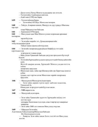 —Датун хотод Хятад Монгол худалдааны зах нээгдэв.
           —Тогоонтайш Адайхааныгдовтлов.
           —Адай хаан (1390) нас барав.
1439       — Тогоонтайшнасбарав.
           — Эсэнтайш(1455)бүх Монголыгзахирав.
1440       — Тайсун, Агваржин жинон, Мандуул ах дүү гурвуул Мянганы
хар нэрт
           газар Ойрадыгугтан байлдав.
1441     — Баянмөнх(1470)төрөв.
1442     — Мин улсын хаан Мин Монгол улсын хоорондын арилжааг
хязгаарлах
           зарлигбуулгав.
1443     — Эсэнтайш өөрийн эгч, Дуваадаширвангийн
эхНугандаширыгурьж
           Тайсун хааны ордонд айлчлуулсан.
1444    — Эсэнгийн захиргаанддургүйцсан Найрбуха гэгч ноён
цэрэгхөдөл-гөн
          эсэргүүцсэн ч амиа алдав.
        —Мин улсын Урианхайг байлдан дагуулах оролдлого бүтэлгүй
        болсон.
        —ЭсэнтайшЗүрчидаймгуудынэсэргүүцэгчдийгОнниудаймгийн
          ноён
          Жүчтэй хавсран цохиж, Зүрчидийг Монгол улсдаа нэгтгэн
          хааны
          захиргаанд оруулсан.
        —Монголын хаан, тайш нар Шачжоугийн эрх баригчдад монгол
          албан
          тушаал, цол хэргэм олгож Монголын төрийн захиргаанд
          оруулсан.
1446       — Махахурхис(Махагургис)хаантөрөв.
           — Эсэн тайш дөрвөн түмэн цэрэг дайчлан хөдөлгөж,
            Урианхай ба
            Онниудын эсэргүүцэгчдийгбуулган авсан.
1447       — VIII жаранэхлэв.
1448       — Мандухайсэцэнтөрөв.

           —Эсэн тайш Урианхайн зүүнтээх Зүрчидийн ноёдод элч
            илгээж зүүн
            хязгаарыг бататгахын тулд хүнс, ачаа тээврээр хүч хавсрахыг
            шаардсан.
           —Эсэн тайш 3000 элч томилон Мин улсад очуулав.
1449   — ОйрадынЭсэнтайш,
Алагчинсан,ТайсунхааннарМинулсыгбайлдан
          Ин Цзунхааныголзлов.
       — Хавар нь Эсэн тайш тансаг бэлэг сэлттэй элч Мин улсад
       илгээв.
 