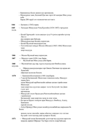 —Баянмөнхөд болох жинон цол өргөмжлөв.
         —Махахурхис хаан, Болонай Цзи ван зэрэгтэй хамтран Мин улсад
          алба
          барьж 200 гаруй элч төлөөлөгчөө илгээжээ.

1464     — Батмөнх (-1543) төрөв.
1465     — Хятадын Минулсын ЧэньХуагийн (1434-1487) тэргүүнон
эхлэв.

         —Болай Зүрчидийг эзлэн авахын тулд 9 түмэн цэргийн хүчээр
          Ляо хэ
          рүү цөмрөн орж байлдав.
         —Махахурхисхаан Болайд хорлогдов.
         —Болай Мулихай вандхорлогдов.
         —Тоггохбухын хөвүүн Молон (Молан) (1465-1466) Монголын
          хаан
          ширээндсуув.

1466     — Молон Мулихай ванд хорлогдов.
1467     — Мандуул хаан (1426-) нас барав.
         — Мулихай ван Мин улсад алба барив.
1468     — Мулихай ван дүү нар, хүүхэд ньдолуулан Өнөболд ванд
алуулав.
         — Ойрадуудындундхагарал гарч Баясах Пинчжан хүн ардаа авч
          Хамигийн
          ойролцоо нутаглах болсон.
1470      — Баянмөнхболохжинон (1441-)насбарав.
         —7 настай Батмөнхийг Монголын томоохон ноёд, Мандуул
           хааны бага
           хатан Мандухай нарЧингисийн найман цагаан гэрийн өмнө
           Монголын
           хаан ширээнд суулгаж даярыг эзлэх болтугай гэж Даян
           гэдэг цол
           өргөмжлөв.
         —Мандухай сэцэн ОрдосдахьЧингисийннайман цагаан
           гэрийнөмнө
           Батмөнхийг хаан ширээнд залж их өчиг өчив.
         —Бэгэрсэн Ордост нэвтрэн ирж Мандуул, Өнөболд, Алачу,
           Баянмөнх
           нартай нэгдэв.
         —Алчу (Орожуу) Мин улсын хилийгуулгалжбайгаад шархадсан ба
         Болох

           жинон хагас жилийн дараа аймгаа удирдан гол гатлан
           бүгдийг нэгтгэснээр улам хүчирхэг болов.
1471      — Мандухай хатан Батмөнхийг үхэгттэргэнд суулган цэрэглэн
           мордож дөрвөн Ойрадыг Тас бүрд хэмээх газар байлдав.
 