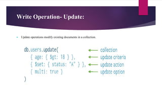 Write Operation- Update:
 Update operations modify existing documents in a collection.
 