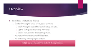 Overview
 The problems with Relational Database:
 Overhead for complex select, update, delete operations
o Select: Joining too many tables to create a huge size table.
o Update: Each update affects many other tables.
o Delete: Must guarantee the consistency of data.
 Not well-supported the mix of unstructured data.
 Not well-scaling with very large size of data.
NoSQL is a good solution to deal with these problems.
 