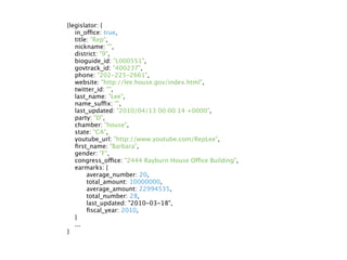 {legislator: {
   in_office: true,
   title: "Rep",
   nickname: "",
   district: "9",
   bioguide_id: "L000551",
   govtrack_id: "400237",
   phone: "202-225-2661",
   website: "http://lee.house.gov/index.html",
   twitter_id: "",
   last_name: "Lee",
   name_suffix: "",
   last_updated: "2010/04/13 00:00:14 +0000",
   party: "D",
   chamber: "house",
   state: "CA",
   youtube_url: "http://www.youtube.com/RepLee",
   ﬁrst_name: "Barbara",
   gender: "F",
   congress_office: "2444 Rayburn House Office Building",
   earmarks: {
        average_number: 20,
        total_amount: 10000000,
        average_amount: 22994535,
        total_number: 28,
        last_updated: "2010-03-18",
        ﬁscal_year: 2010,
   }
   ...
}
 