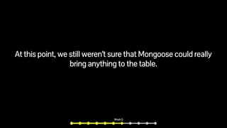 At this point, we still weren’t sure that Mongoose could really
bring anything to the table.
Week 6
 