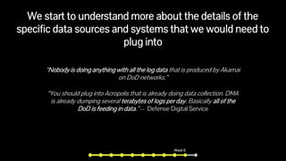 We start to understand more about the details of the
specific data sources and systems that we would need to
plug into
“Nobody is doing anything with all the log data that is produced by Akamai
on DoD networks.”
“You should plug into Acropolis that is already doing data collection. DMA
is already dumping several terabytes of logs per day. Basically all of the
DoD is feeding in data.” -- Defense Digital Service
Week 9
 