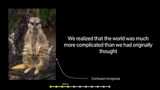 We realized that the world was much
more complicated than we had originally
thought
Confused mongoose
Week 3
 