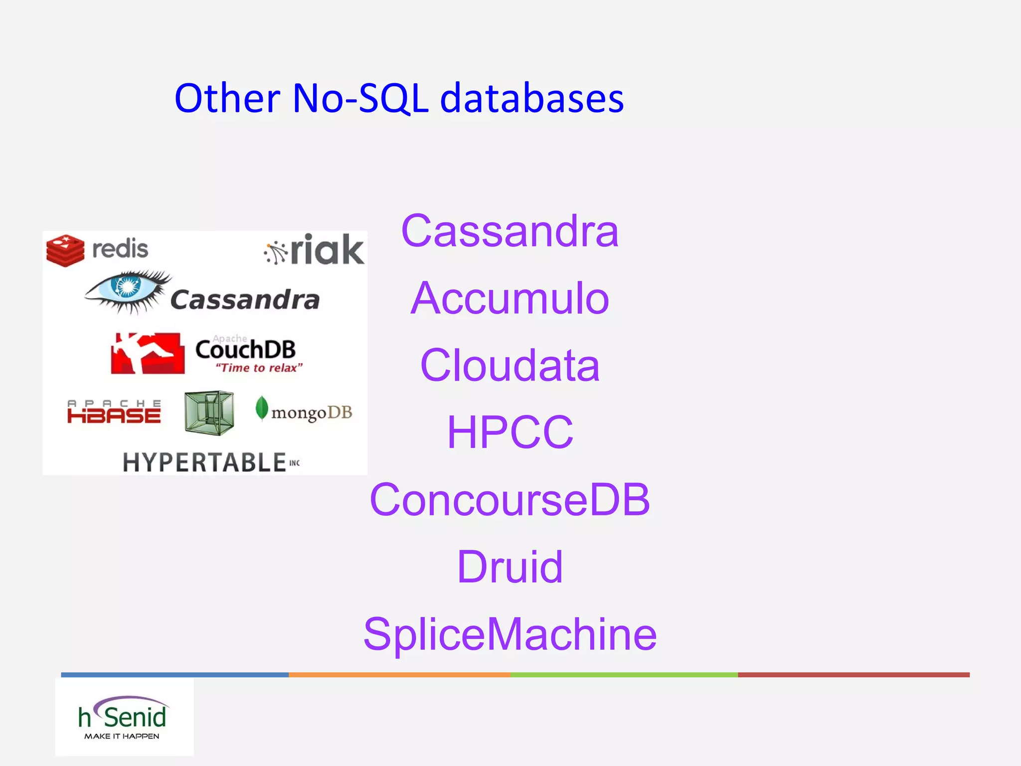 Other No-SQL databases
Cassandra
Accumulo
Cloudata
HPCC
ConcourseDB
Druid
SpliceMachine
 