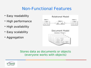 Non-Functional Features

Easy readability

High performance

High availability

Easy scalability

Aggregation
Stores data as documents or objects
(everyone works with objects)
 