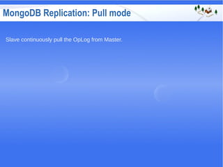 MongoDB Replication: Pull mode
Slave continuously pull the OpLog from Master.
 
