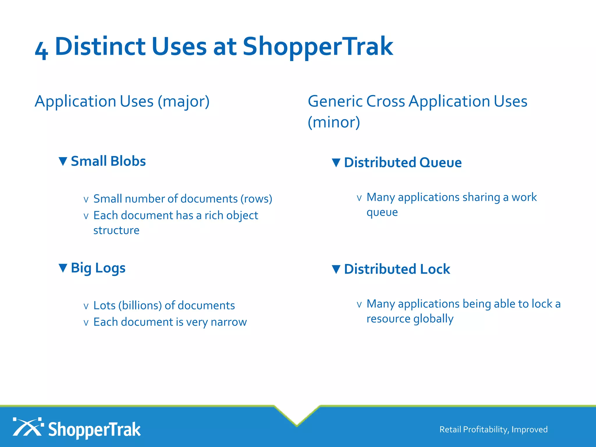 4 Distinct Uses at ShopperTrak
Application Uses (major)
▼Small Blobs
V Small number of documents (rows)
V Each document has a rich object
structure
▼Big Logs
V Lots (billions) of documents
V Each document is very narrow
Generic Cross Application Uses
(minor)
▼Distributed Queue
V Many applications sharing a work
queue
▼Distributed Lock
V Many applications being able to lock a
resource globally
Retail Profitability, Improved
 