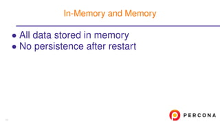 • All data stored in memory
• No persistence after restart
In-Memory and Memory
11
 