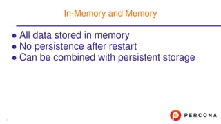 • All data stored in memory
• No persistence after restart
• Can be combined with persistent storage
In-Memory and Memory
11
 