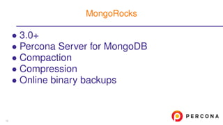 • 3.0+
• Percona Server for MongoDB
• Compaction
• Compression
• Online binary backups
MongoRocks
12
 