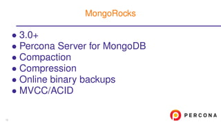 • 3.0+
• Percona Server for MongoDB
• Compaction
• Compression
• Online binary backups
• MVCC/ACID
MongoRocks
12
 