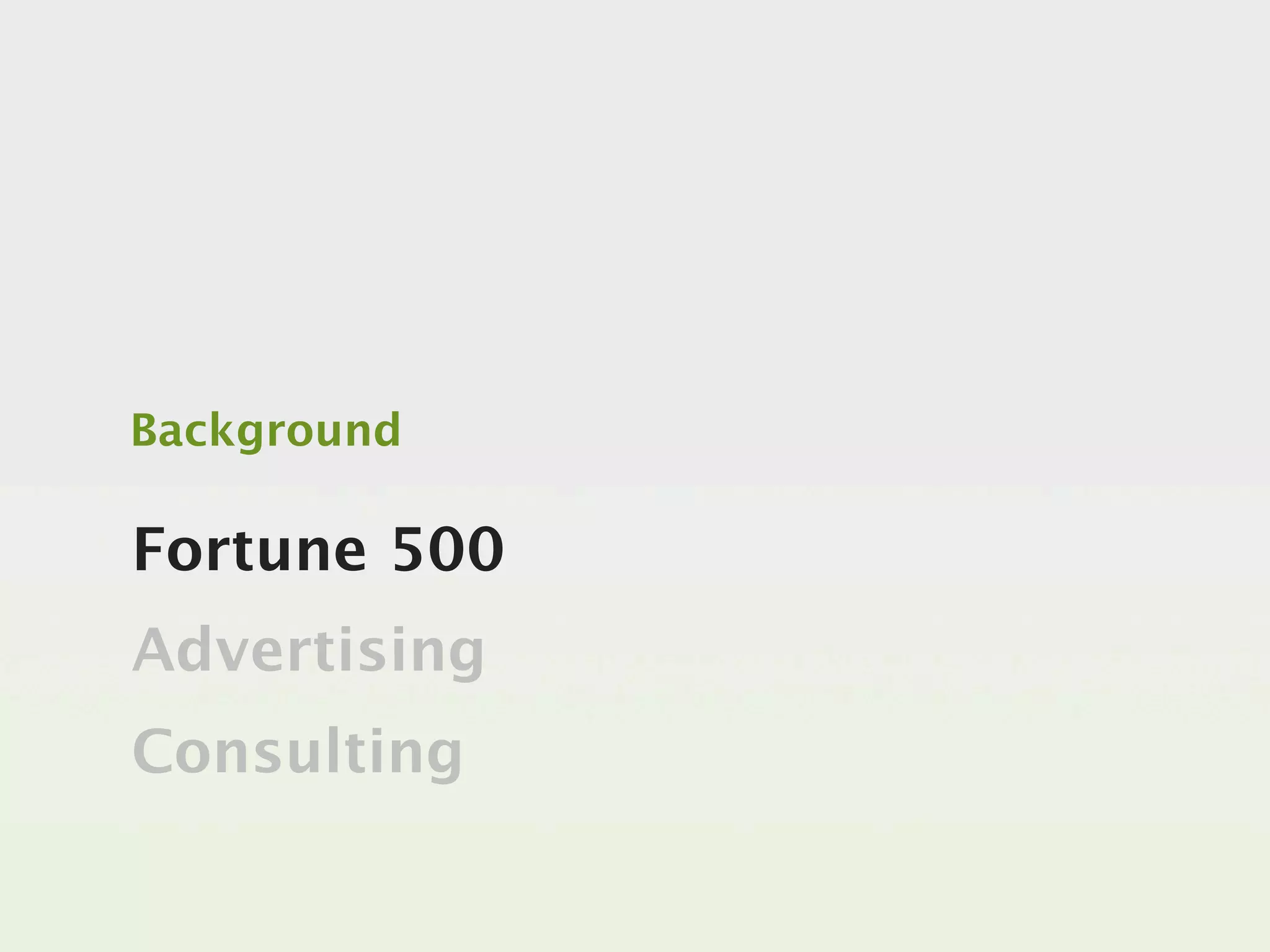 Background

Fortune 500
Advertising
Consulting
 