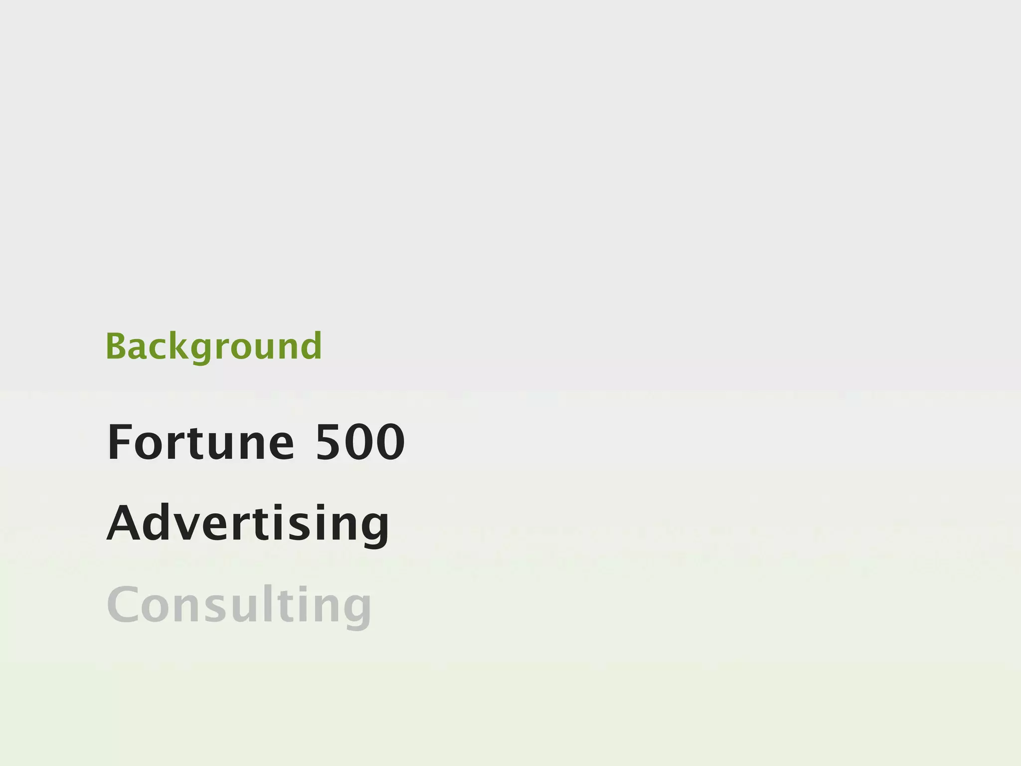 Background

Fortune 500
Advertising
Consulting
 
