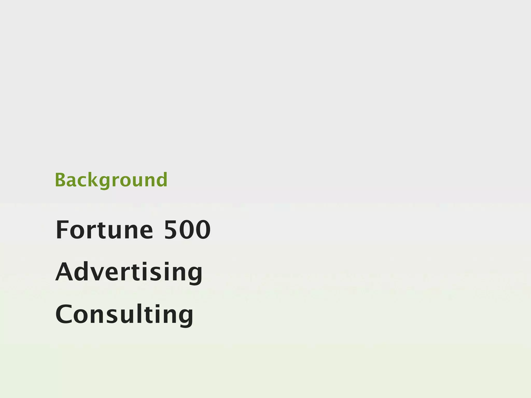 Background

Fortune 500
Advertising
Consulting
 