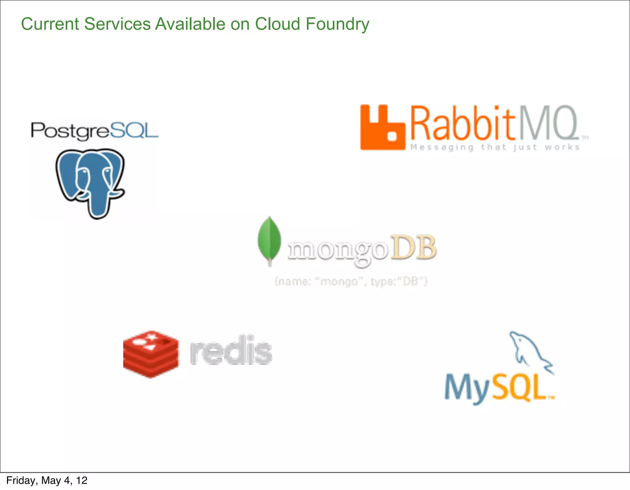 Current Services Available on Cloud Foundry




                                                 33

Friday, May 4, 12
 