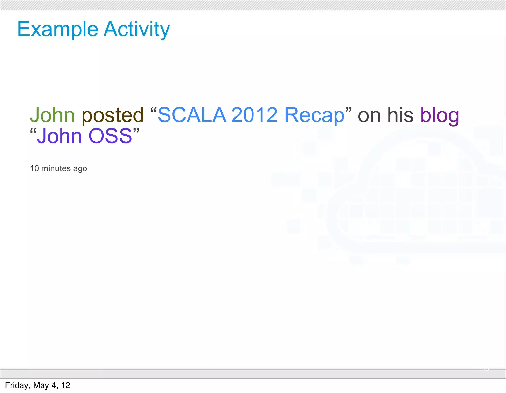 Example Activity



      John posted “SCALA 2012 Recap” on his blog
      “John OSS”
      10 minutes ago




                         CONFIDENTIAL
                                                   45

Friday, May 4, 12
 