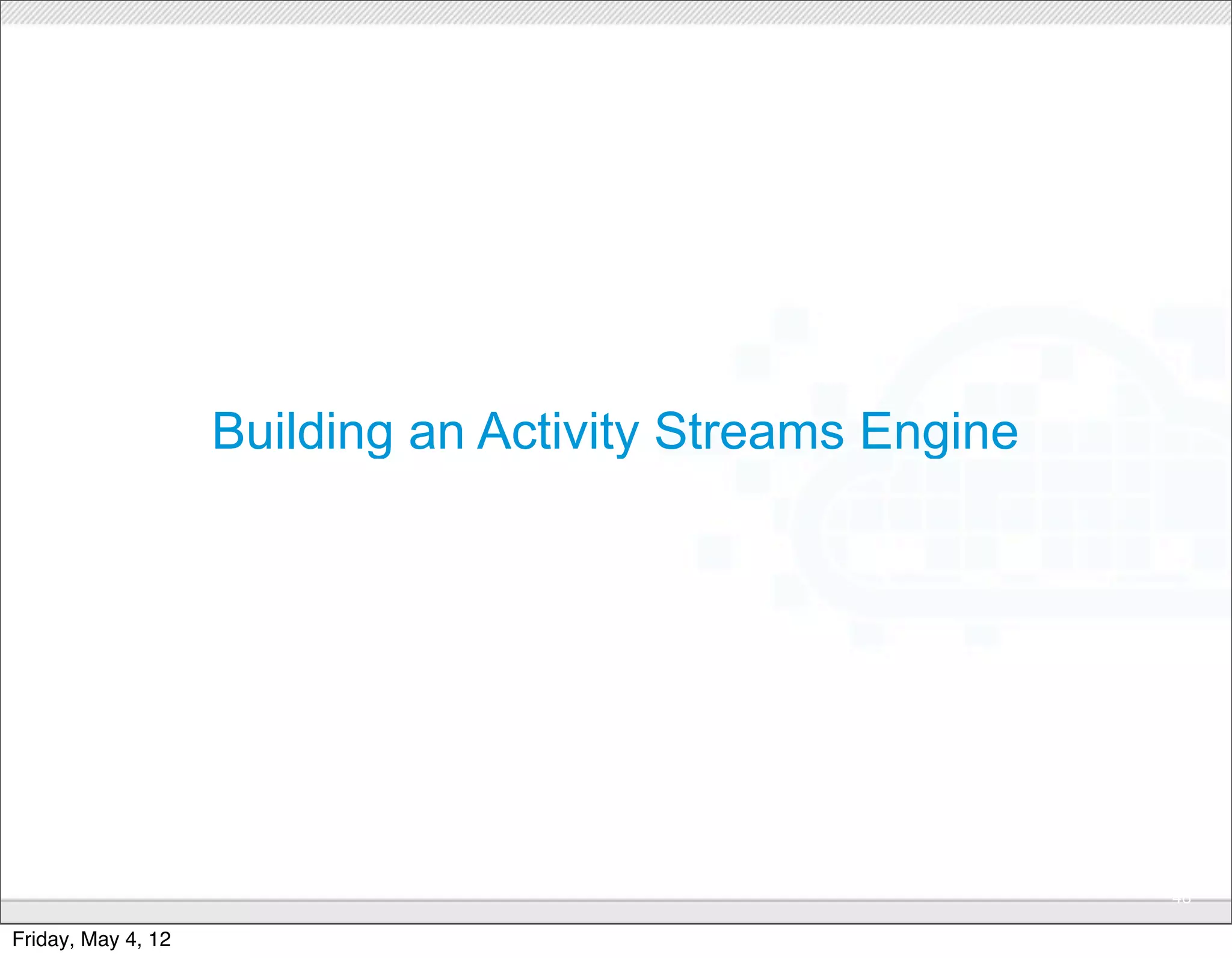 Building an Activity Streams Engine




                                   CONFIDENTIAL
                                                          48

Friday, May 4, 12
 