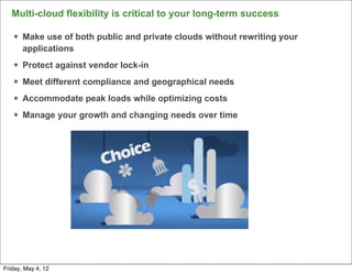 Multi-cloud flexibility is critical to your long-term success

   § Make use of both public and private clouds without rewriting your
       applications
   § Protect against vendor lock-in
   § Meet different compliance and geographical needs
   § Accommodate peak loads while optimizing costs
   § Manage your growth and changing needs over time




                                                                          9

Friday, May 4, 12
 