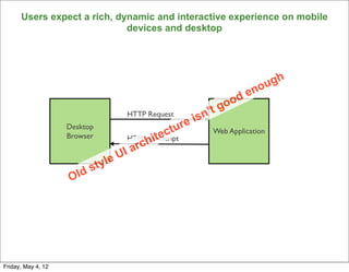 Users expect a rich, dynamic and interactive experience on mobile
                             devices and desktop




                                                                                 h
                                                                              oug
                                                                        d   en
                                                                      oo
                                                                  ’t g
                                        HTTP Request
                                                             e isn
                                                         r
                                                    ctu
                    Desktop
                                                                  Web Application
                                                  e
                                              hit
                    Browser              HTML/Javascript
                                        I arc
                              ty le U
                        s
                    Old




                                                                                     19


Friday, May 4, 12
 