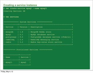 Creating a service instance
   $ vmc create-service mysql --name mysql1
   Creating Service: OK


   $ vmc services

   ============== System Services ==============
   +------------+---------+---------------------------------------+
   | Service    | Version | Description                           |
   +------------+---------+---------------------------------------+
   | mongodb    | 1.8     | MongoDB NoSQL store                   |
   | mysql      | 5.1     | MySQL database service                |
   | postgresql | 9.0     | PostgreSQL database service (vFabric) |
   | rabbitmq   | 2.4     | RabbitMQ messaging service            |
   | redis      | 2.2     | Redis key-value store service         |
   +------------+---------+---------------------------------------+

   =========== Provisioned Services ============

   +-------------+---------+
   | Name        | Service |
   +-------------+---------+
   | mysql1      | mysql   |
   +-------------+---------+


Friday, May 4, 12
 