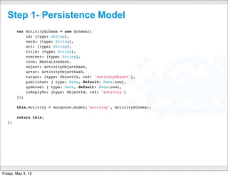 Step 1- Persistence Model
       var ActivitySchema = new Schema({
           id: {type: String},
           verb: {type: String},
           url: {type: String},
           title: {type: String},
           content: {type: String},
           icon: MediaLinkHash,
           object: ActivityObjectHash,
           actor: ActivityObjectHash,
           target: {type: ObjectId, ref: 'activityObject'},
           published: { type: Date, default: Date.now},
           updated: { type: Date, default: Date.now},
           inReplyTo: {type: ObjectId, ref: 'activity'}
       });

       this.Activity = mongoose.model('activity', ActivitySchema);

       return this;
   };




                                             CONFIDENTIAL
                                                                     53

Friday, May 4, 12
 