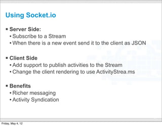 Using Socket.io

   § Server Side:
      • Subscribe to a Stream
      • When there is a new event send it to the client as JSON

   § Client Side
      • Add support to publish activities to the Stream
      • Change the client rendering to use ActivityStrea.ms

   § Benefits
      • Richer messaging
      • Activity Syndication

                                CONFIDENTIAL
                                                                  57

Friday, May 4, 12
 