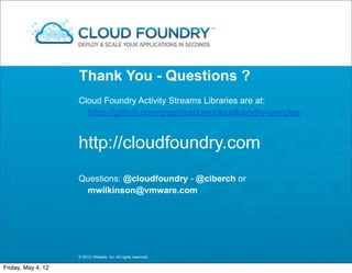 Thank You - Questions ?
                    Cloud Foundry Activity Streams Libraries are at:
                      https://github.com/organizations/cloudfoundry-samples


                    http://cloudfoundry.com
                    Questions: @cloudfoundry - @ciberch or
                     mwilkinson@vmware.com




                    © 2012 VMware, Inc. All rights reserved

Friday, May 4, 12
 