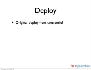 Deploy
                    • Original deployment uneventful




Wednesday, April 28, 2010
 