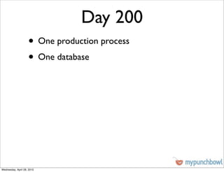 Day 200
                    • One production process
                    • One database




Wednesday, April 28, 2010
 