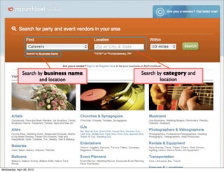 Search by business name   Search by category and
                        and location              location




Wednesday, April 28, 2010
 