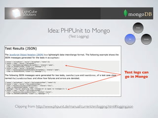 Idea: PHPUnit to Mongo
                                                                                    Design




                                    (Test Logging)
                                                                             Test            Develop




                                                                          Test logs can
                                                                          go in Mongo




Clipping from: http://www.phpunit.de/manual/current/en/logging.html#logging.json
 