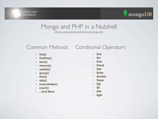 Mongo and PHP in a Nutshell
                 http://us.php.net/manual/en/book.mongo.php




Common Methods                    Conditional Operators
   •   ﬁnd()                                     •   $ne
   •   ﬁndOne()                                  •   $in
   •   save()                                    •   $nin
   •   remove()                                  •   $mod
   •   update()                                  •   $all
   •   group()                                   •   $size
   •   limit()                                   •   $exists
   •   skip()                                    •   $type
   •   ensureIndex()                             •   $gt
   •   count()                                   •   $lt
   •   ...And More                               •   $lte
                                                 •   $gte
 