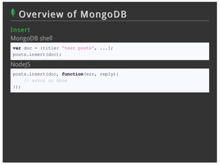 Overview of MongoDB
I n ser t
MongoDB shell
var doc = {title: 'test posts', ...};
posts.insert(doc);

NodeJS
posts.insert(doc, function(err, reply){
    // error or done
});
 
