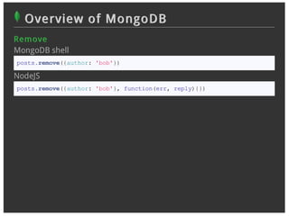 Overview of MongoDB
R em ove
MongoDB shell
posts.remove({author: 'bob'})

NodeJS
posts.remove({author: 'bob'}, function(err, reply){})
 