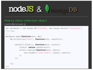 How t o sh ar e c ollec t ion ob jec t
controllers/user.js
var database = new mongo.Db('testdb', new mongo.Server('localhost',
27017));
//...
database.open(function(err, db){
    db.collection('user', function(err, userColl){

            userColl.find({}, function(err, cursor){
                if(err) return handle(err);
                cursor.toArray(function(err, users){
                    res.render('/user.html', {users: users});
                })
            });

      });
});
 