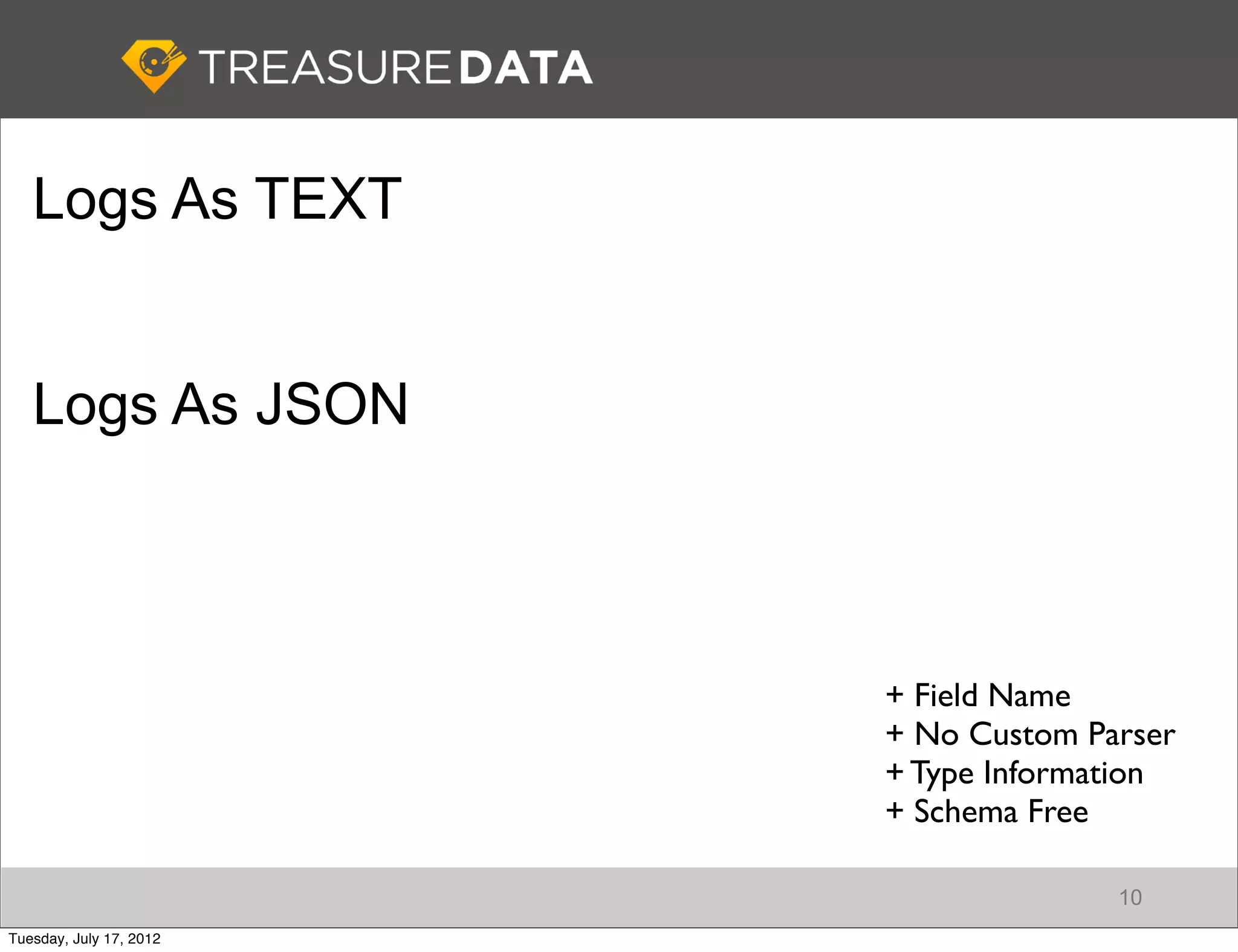 Logs As TEXT


   Logs As JSON



                         + Field Name
                         + No Custom Parser
                         + Type Information
                         + Schema Free

                                       10
Tuesday, July 17, 2012
 