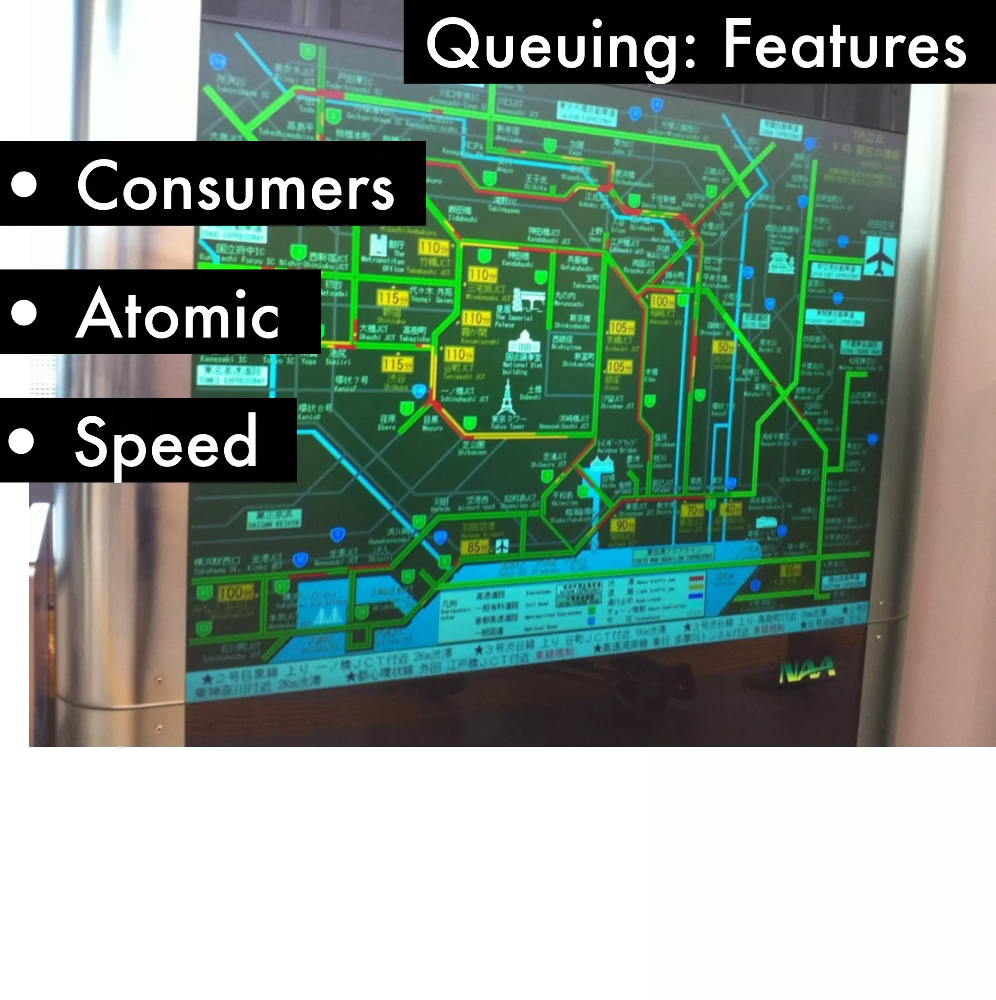 Queuing: Features

• Consumers
• Atomic
• Speed
 