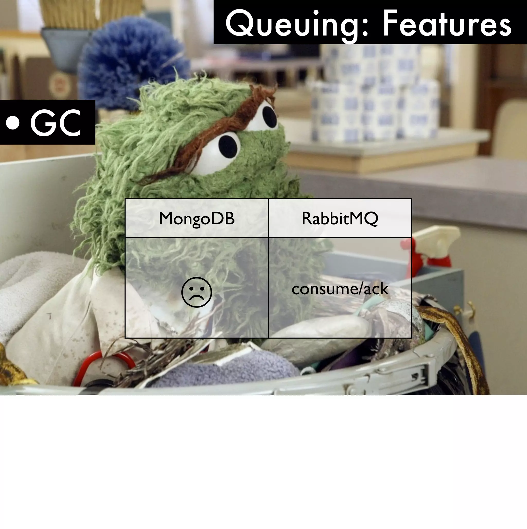 Queuing: Features


•GC
      MongoDB    RabbitMQ



       ☹        consume/ack
 