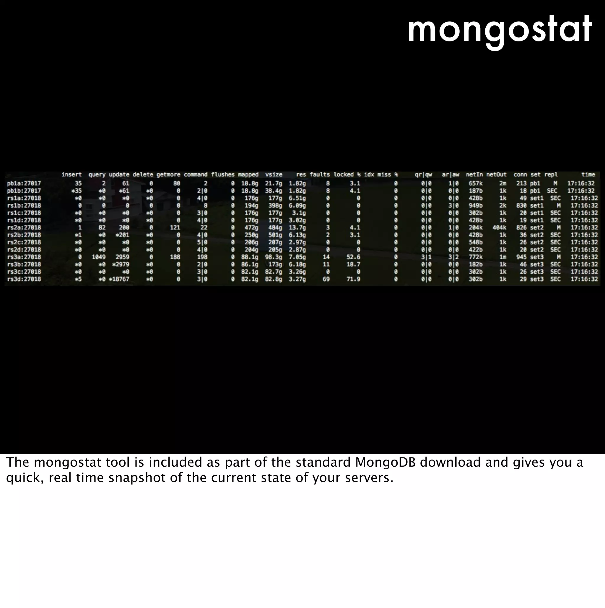 mongostat




The mongostat tool is included as part of the standard MongoDB download and gives you a
quick, real time snapshot of the current state of your servers.
 