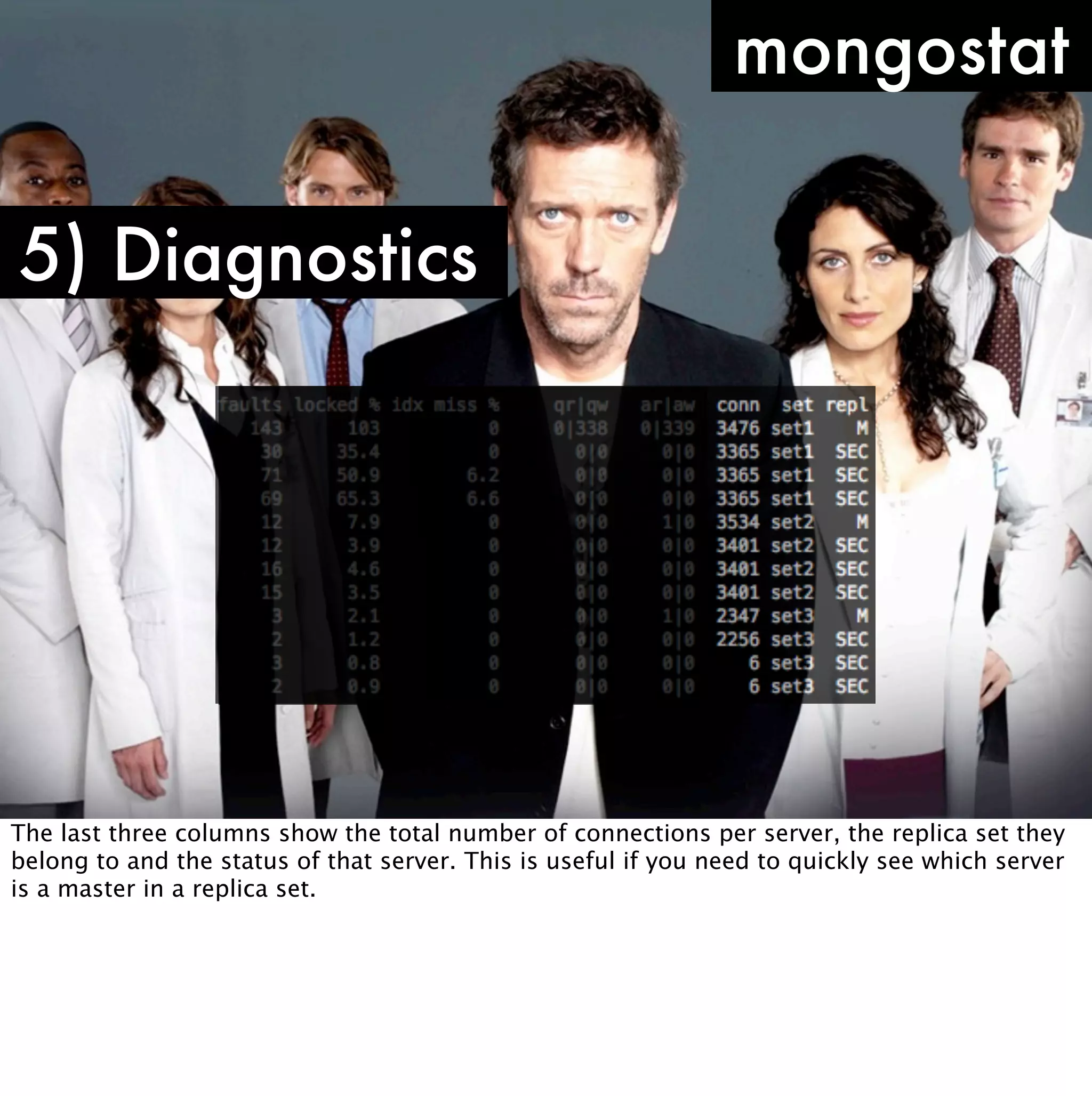 mongostat

5) Diagnostics




The last three columns show the total number of connections per server, the replica set they
belong to and the status of that server. This is useful if you need to quickly see which server
is a master in a replica set.
 